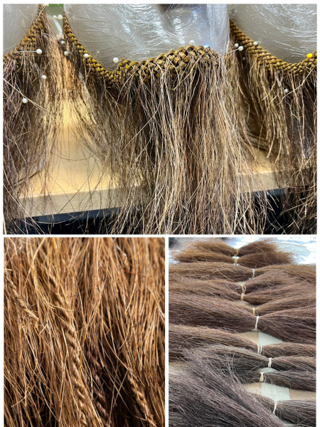 Three closeup images of muka fibers bundled hanging and sewn into beards to be used for Alexander Skarsgard's costume in...